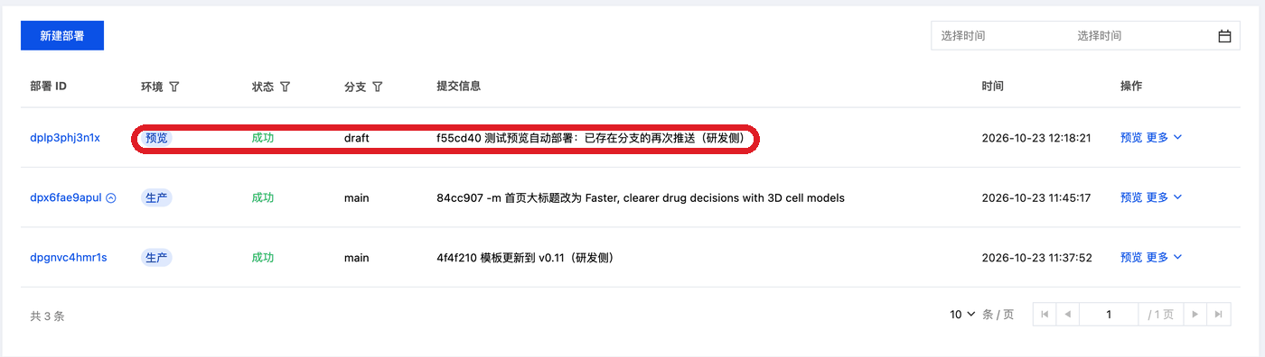部署列表里"预览"环境的那一条