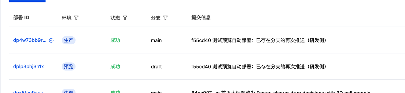 发布后部署列表新增「生产」部署